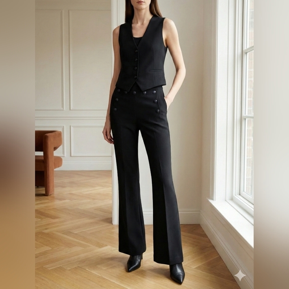 Maje Paris Black Sailor Button Front Flared Trousers High Rise Size 36 (US S)